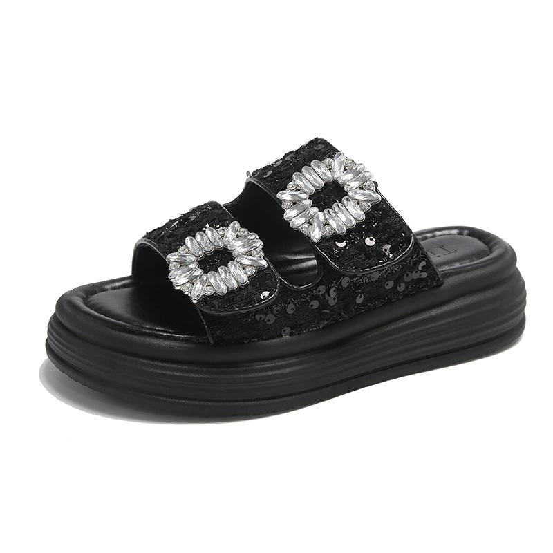 Fashion Thick Soled 2025 Summer New Casual Square Buckle Water Diamond Double Strap One Line Slipper for External Wear, Sandals