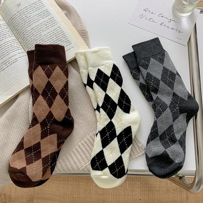 Calzini da donna caldi a rombi fino a metà polpaccio per autunno e inverno, Calzini a scacchi trendy in stile college, Casual e versatili
