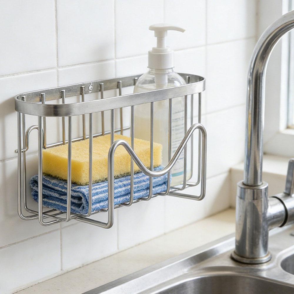 Suction Cup Sponge Holder SUS304 Stainless Steel, No Drill Sink Drain Rack with Hook, Hollow Fast Drainage Corner Kitchen Caddy