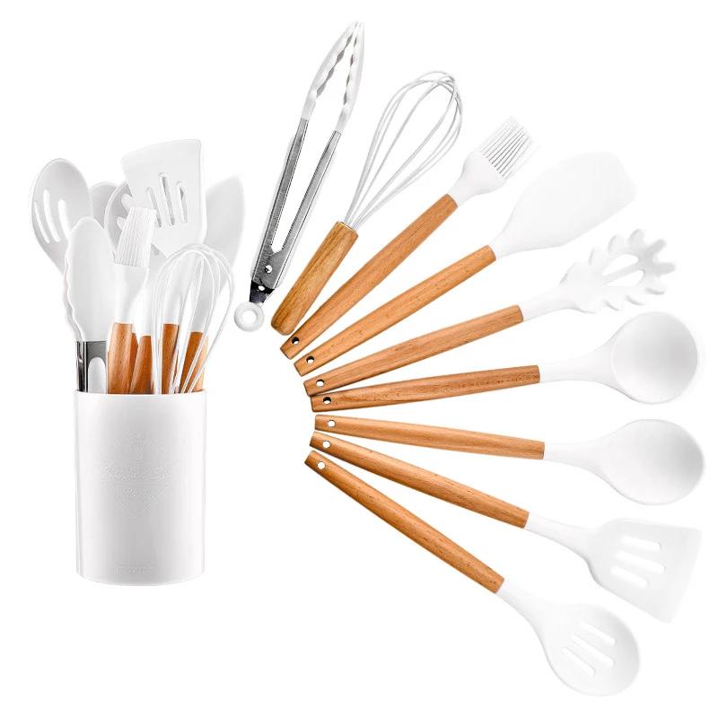 12Pcs Cooking Spoon Set with Wooden Handles Non-stick Silicone Cookware, Heat-resistant Kitchen Tools Storage Container