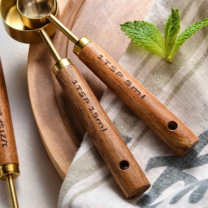 Stainless Steel Measuring Spoon Set Wooden Handle Spoons with Scale 8pcs Coffee Measuring Spoon Set Bartending Scale Accessories