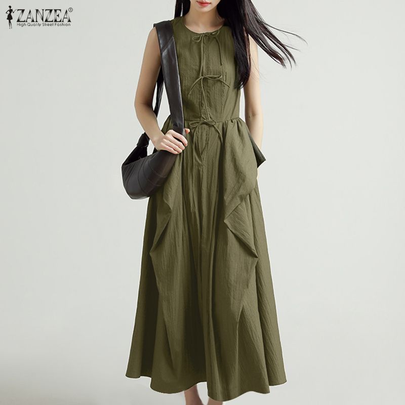 ZANZEA Women Sleeveless Ruffled Layers Baggy Casual Long Maxi Pleated Dress