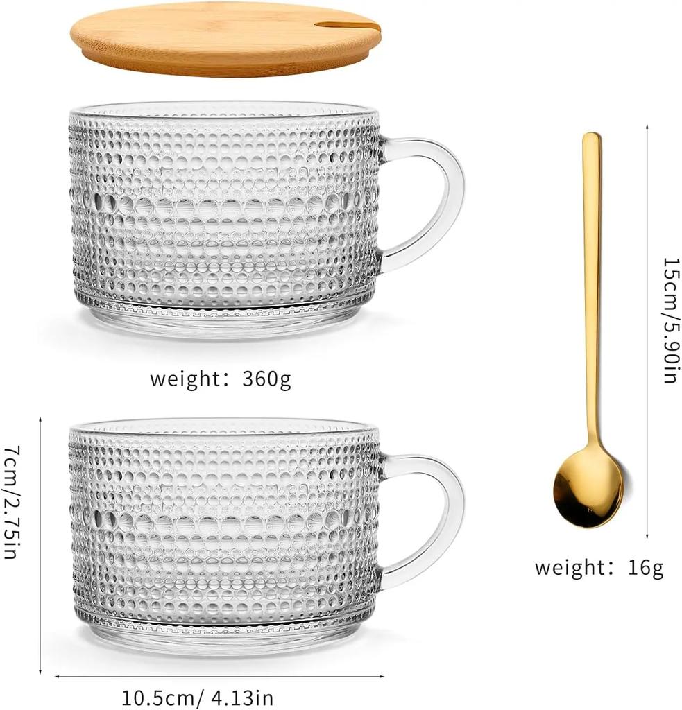 Todays Present 4pcs Vintage Glass Coffee Mugs Gifts for Women, Overnight Oats Containers With Bamboo and Spoons, 15oz Clear Em