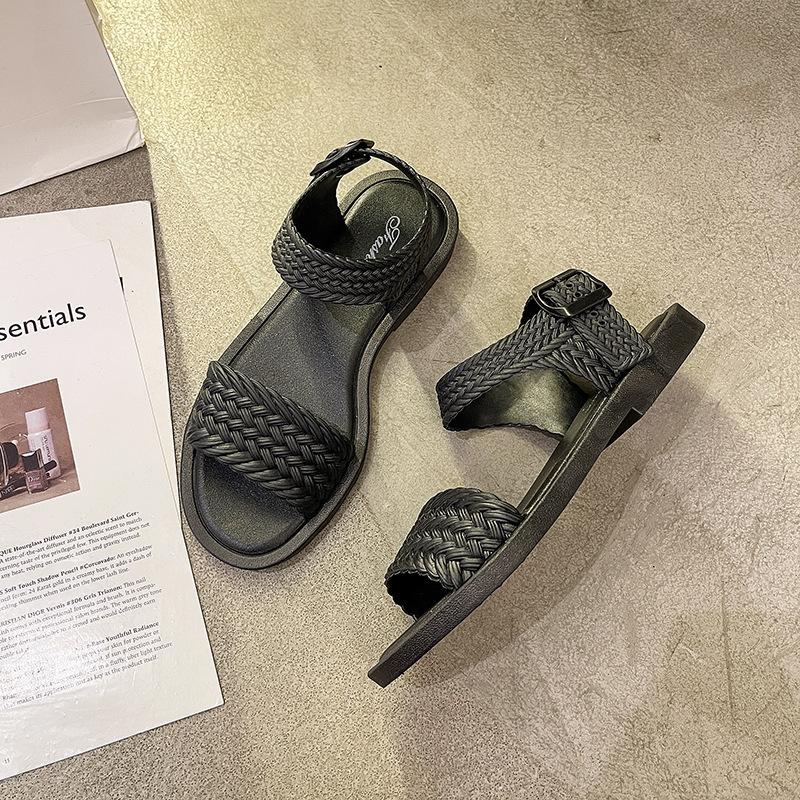 Roman Sandals Women's 2024 Spring and Summer New Buckle One-character Flat Sandals Casual Girls with Skirt Cool Slippers