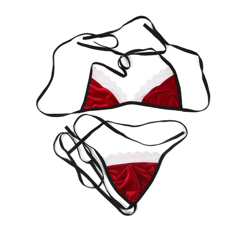 Men's 2 Pieces Bikini Suit Sexy Bra Thongs Christmas Velvet Lace Benny Girl Gay Performance Clothes Erotic Underwear