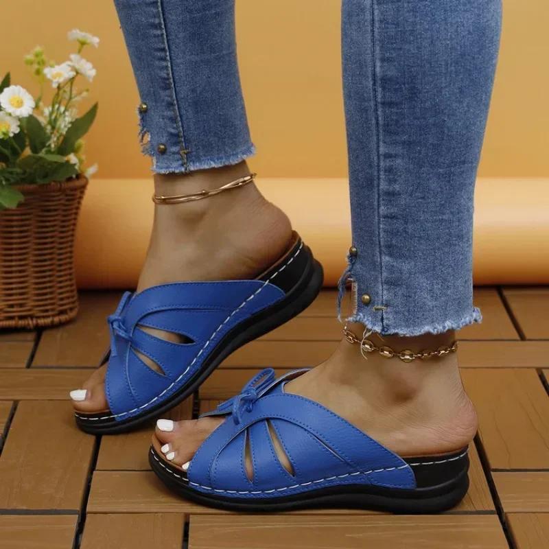 Fashion Women Bow Wedges Slippers Platform High Heels Shoes Summer Beach Flip Flops Female New Fashion Sandals Casual Slides Big Size 43