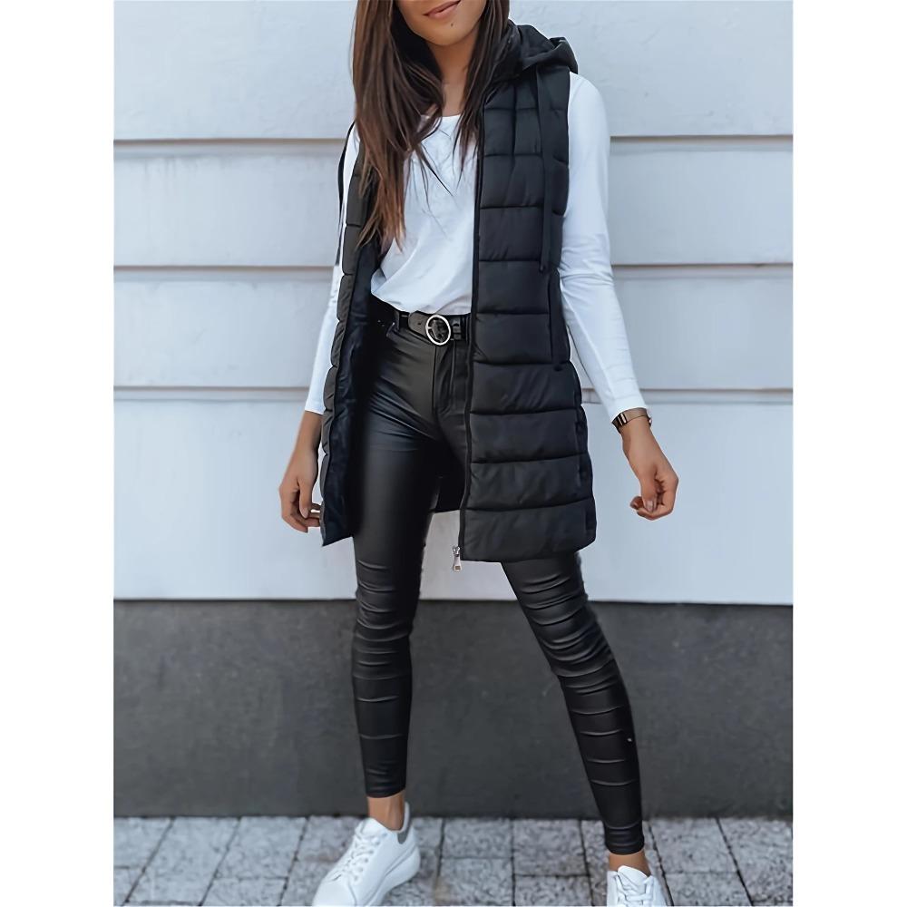 Autumn Winter Solid Color Hooded Zip Cotton Vest Women Mid-Length Plus Size Padded Gilet Coat