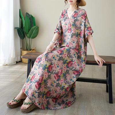 Summer V-neck Cotton and Linen Loose Dress