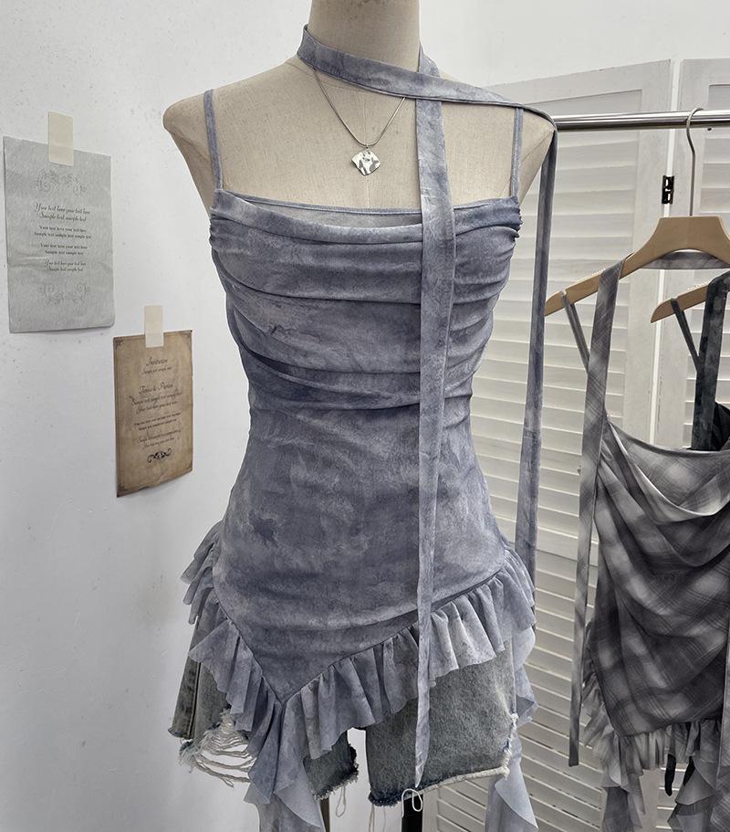 Gradient Print Irregular Ruffled Mesh Camisole Tank Top with Swing Neck and Sleeveless Design