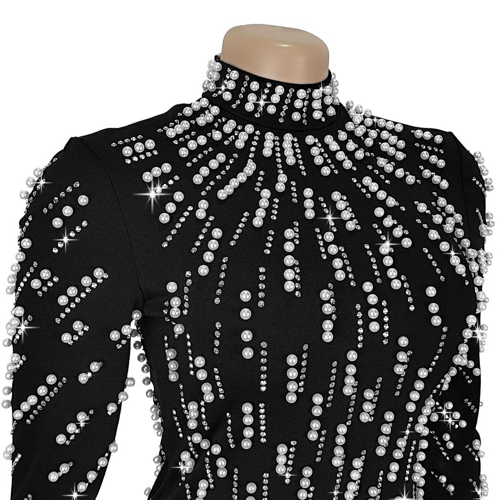 European & American Fashion Women's Long-Sleeve Beaded Bodycon Dress