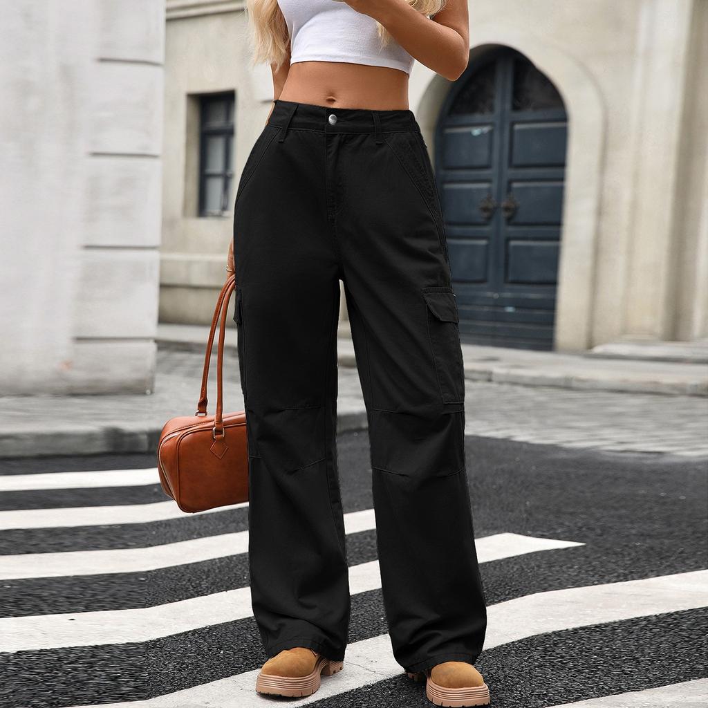 Women's Casual Fashion Solid Color Elastic Waist Pockets Wide Leg Straight Jeans Pants