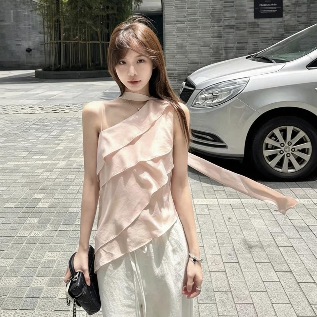 Laminated Lotus Leaf Edge Mulberry Silk Slanted Shoulder Streamer Shirt Women's Summer and Korean Sleeveless Top