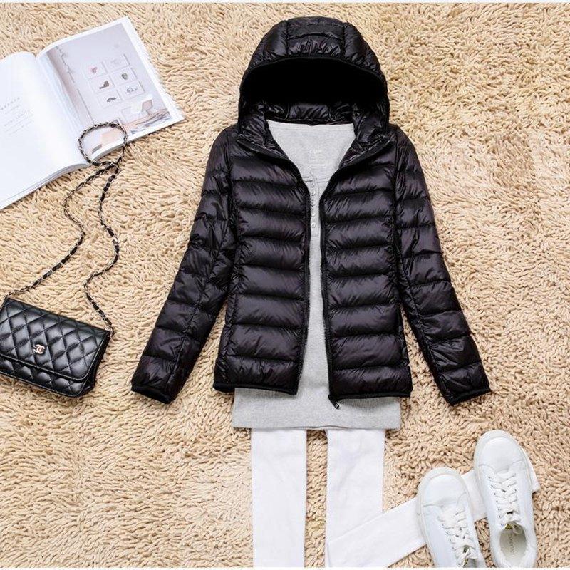 Women's autumn and winter hooded collar long-sleeved zipper solid color full fit white duck down coat M-5XL