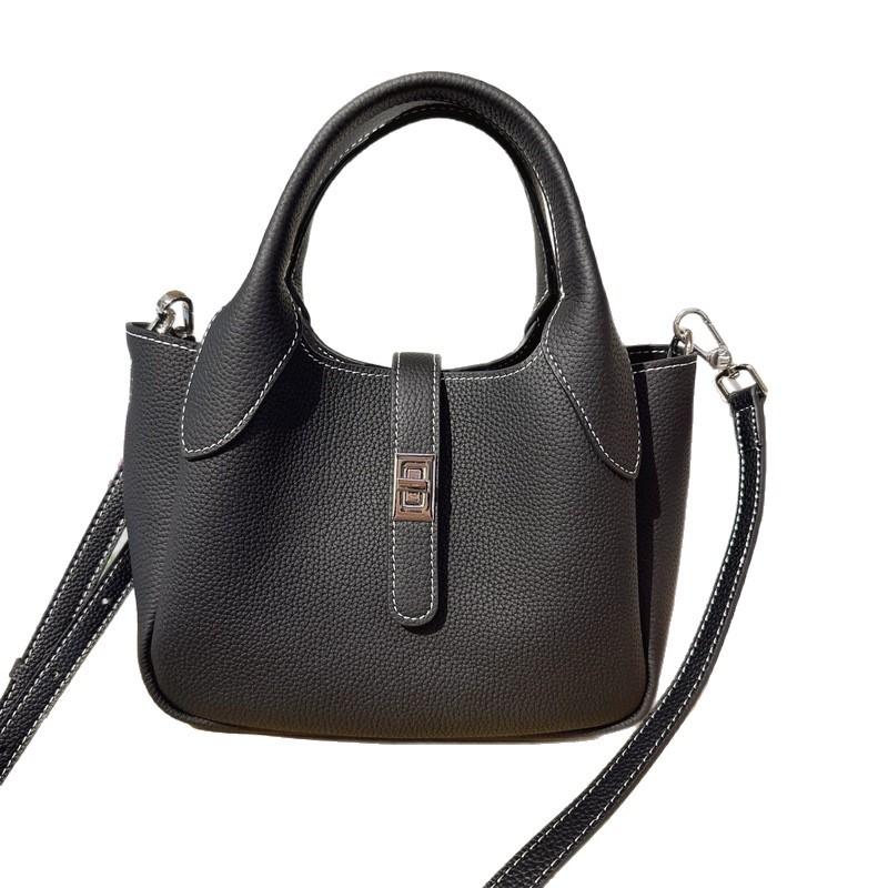 New Leather Women's Bag First Layer Cowhide Li Pattern Leather High-end Feeling Hand Carrying Bucket Bag Women's Lychee Pattern Basket Bag