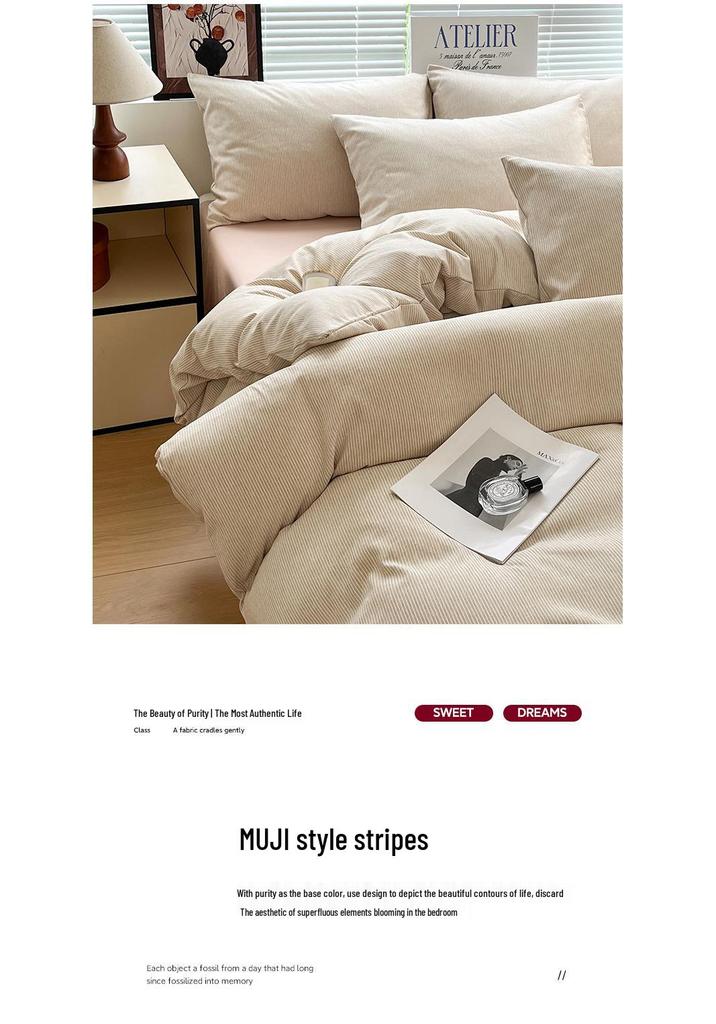Japanese Minimalist Pure Cotton Bedding Set - Washed Cotton Duvet Cover, Bed Sheet, Dorm-Friendly (3 or 4-piece).
