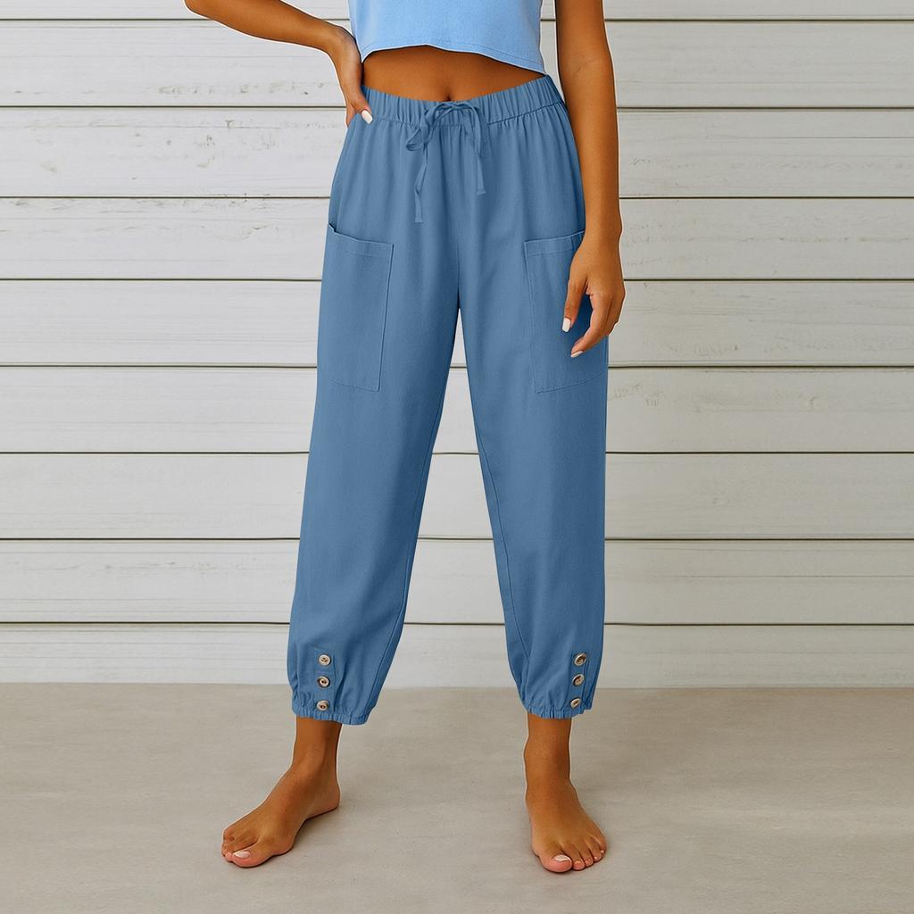 Women's Fashion Solid Color Hemp Cotton Pocket Leg Tight Waist Casual Pants