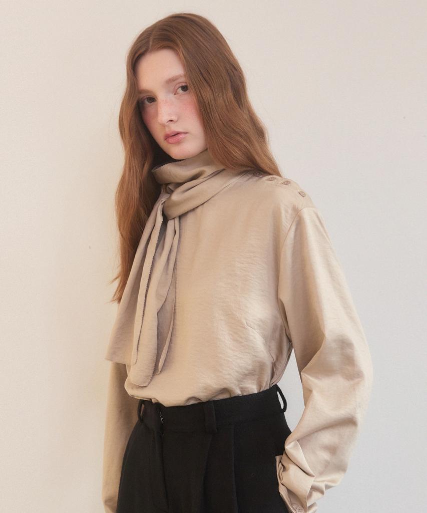 ADAUL Satin Side Button Scarf Neck Blouse - Beige