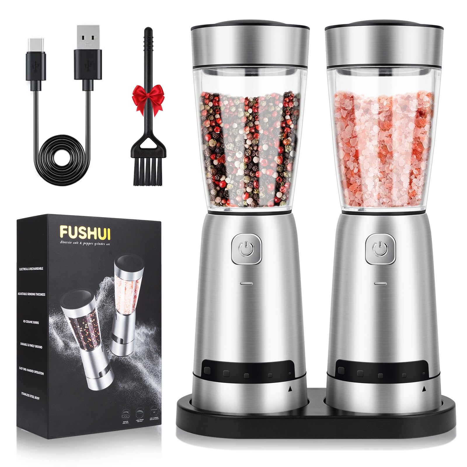 

FUSHUI Electric Salt Pepper Stainless Steel Spice Mill for Rock and Electric Spice 150ml Adjustable Ceramic LED Storage and Cleaning Brush Set of 2 &