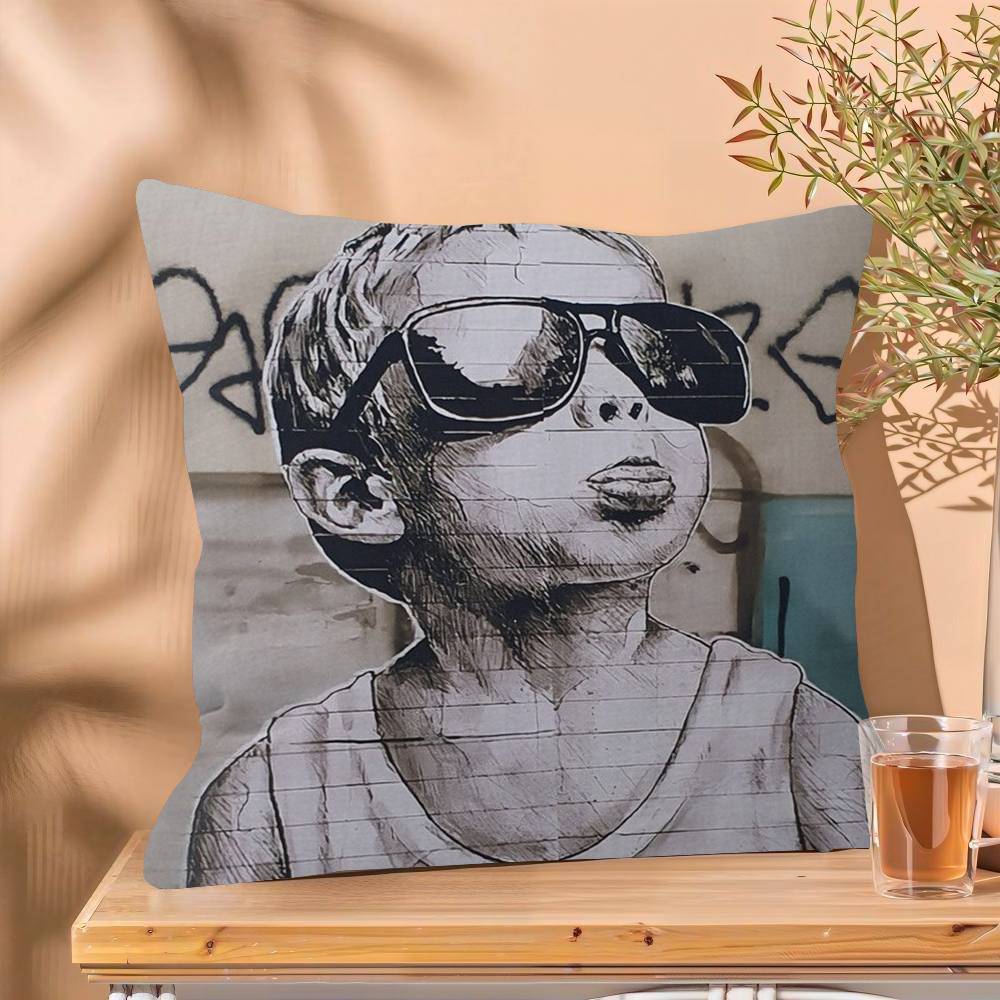 Banksy Street Graffiti Cushion Cover Inches Farmhouse Decor Home Throw Pillow Covers for Couch Decorations
