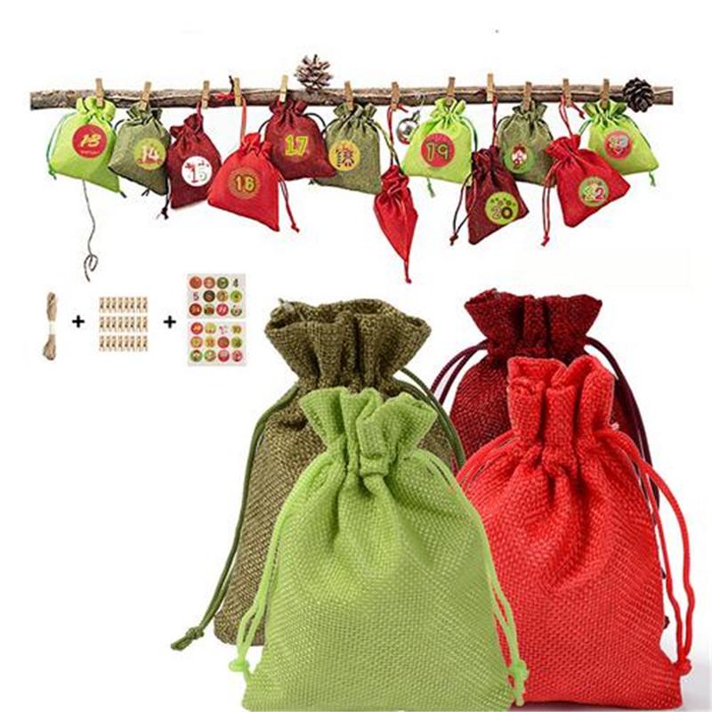 24 PCS Christmas Calendar Countdown Bag Candy Chocolate Sack Linen Storage Pouch
