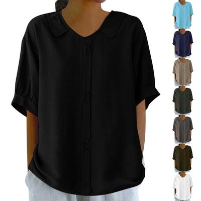 Women's Summer Linen Doll Collar Short Sleeve Loose Solid Color Shirt Casual Button Top