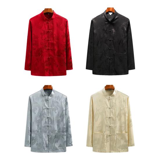 Nieuwjaar Chinese Traditionele Mannen Tang Pak Shirt Stand Kraag Lange Mouw Draak Print Shirt Zakken Ontwerp Tai Chi Tops