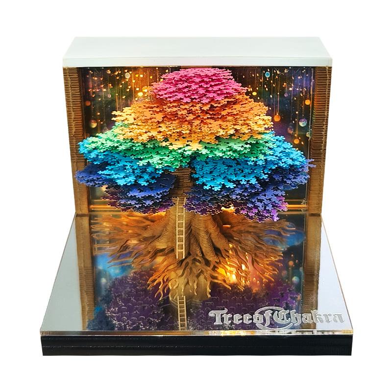 3D Chakra Tree Memo Pad, Rainbow Tree of Life Paper Craft Sticky Notes Cube with LED Light, Unique Office Gift