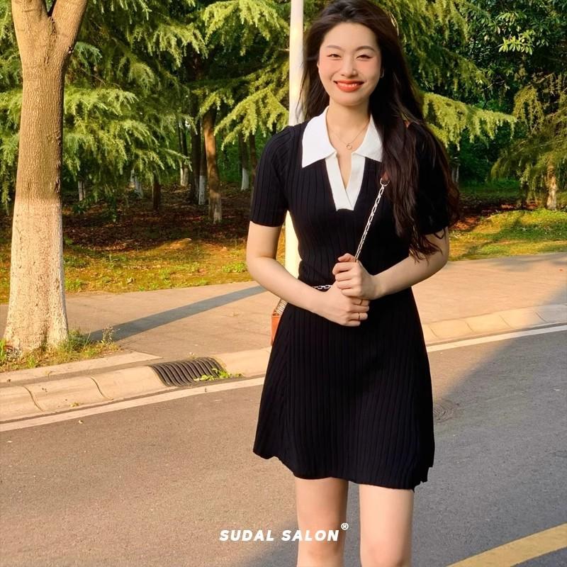 Black Polo Dress Children's Summer New Small Man Coffee Break French Hepburn Style Temperament Small Black Dress