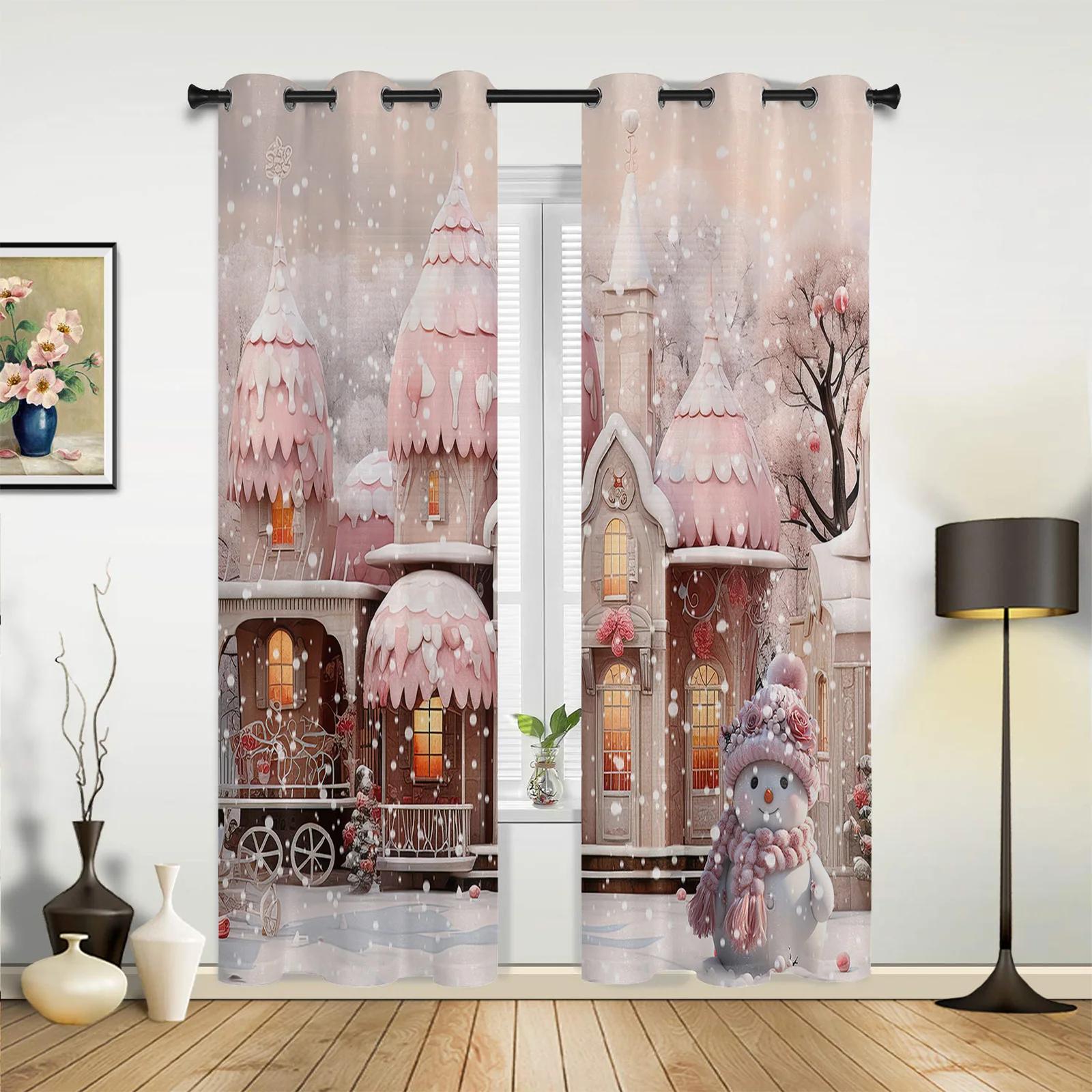 

Christmas Snowman Snow Scene Pink House Window Curtains Decor Home Bedroom Kitchen Living Room Ornament Xmas Gifts Navidad Made Of Polyester Treatment W100*H130(CM)-Rod Pocket&2PCS