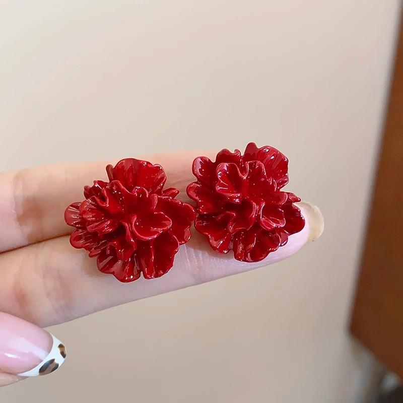 Orecchini a bottone smaltati a forma di fiore piegato 3D color rosso acceso per donna, personalità, temperamento, gioielli minimalisti