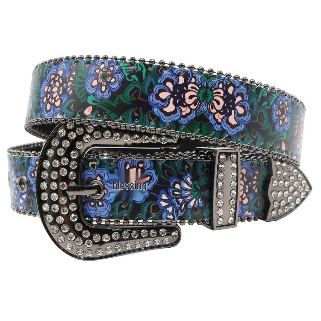 Versatile Women's Rhinestone Belt with Purple & Green Floral Design - Stylish Thin Waist Accessory