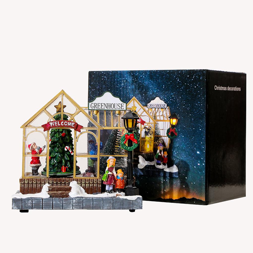 2025 Christmas Musical Light Up Village House Resin Ornament with LED Light Rotating Tree Figurines Holiday Table Decoration