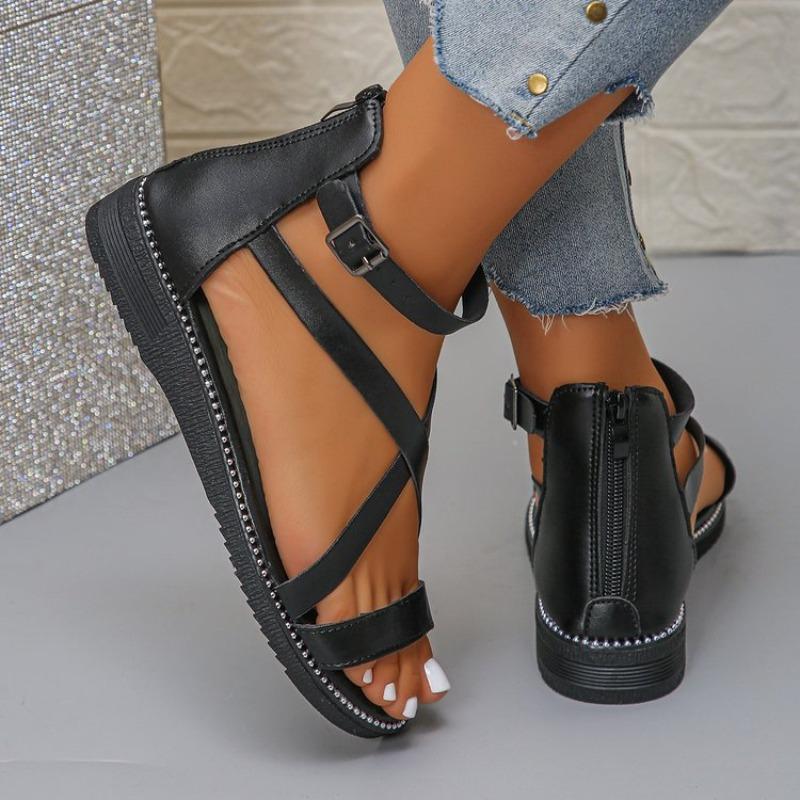 Fashion Ladies Shoes 2025 New Open Toe Women's Sandals Fashion Back Zipper Casual Summer Plus Size Best Seller Comfortable Flat Sandals
