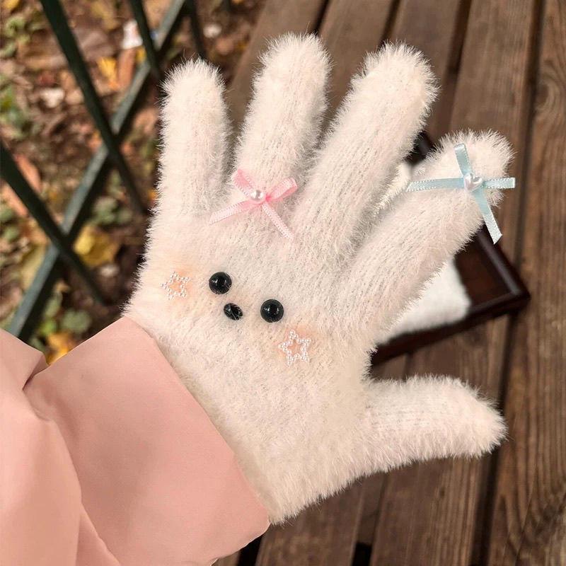 

Милые плюшевые вязаные женские зимние перчатки с сенсорным экраном - Толстые, теплые, ветрозащитные, защита от холода для езды на велосипеде