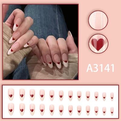 24Pcs Lovely French Heart Love False Nails With Jelly Adhesive Detachable Fake Fingernails Full Cover Press On Nails