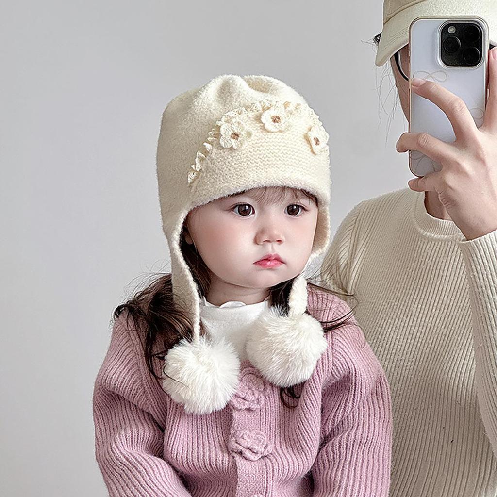 Cozy Floral Knit Wool Hat with Ear Protection for Baby Girls - Autumn/Winter