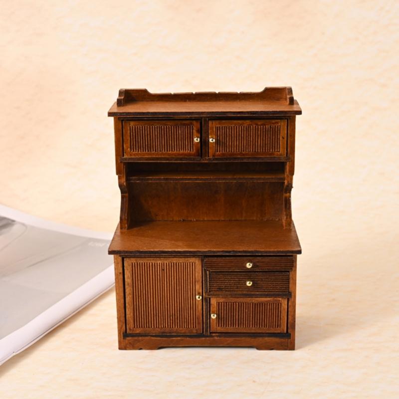 Wooden Miniature Sideboard Cabinet with Functional Door for 1/12 Dollhouses Furnishing Realistic Landscape Scene Decors
