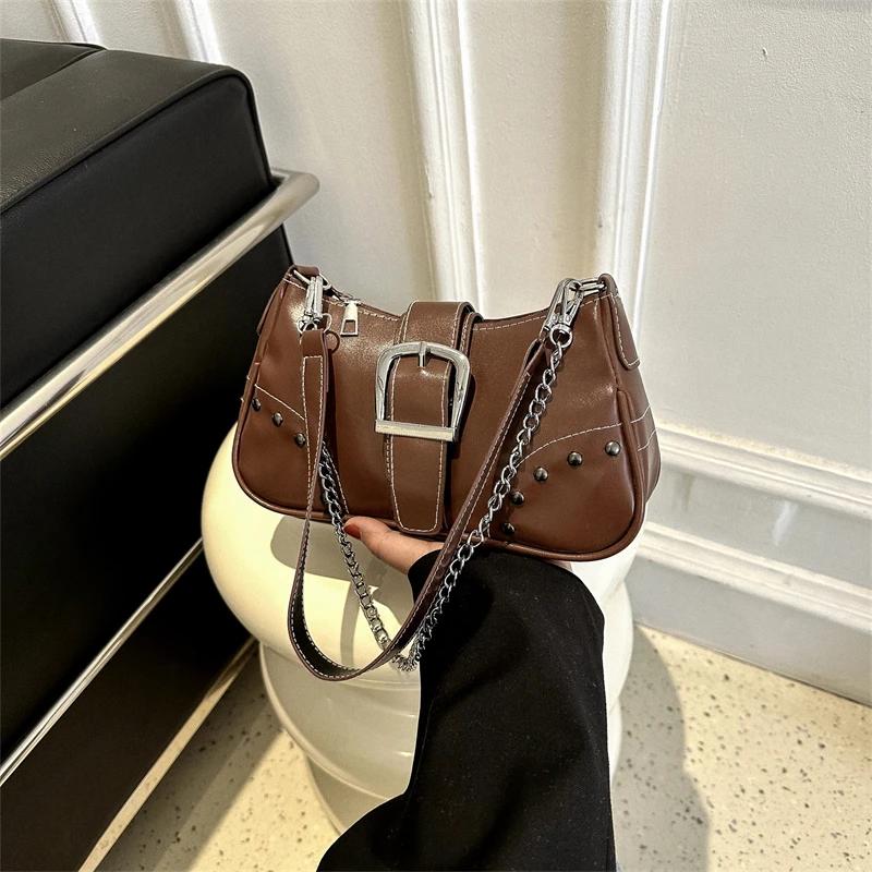 Vintage Rivet Women's Shoulder Bags Solid Color Ladies Underarm Bag Fashi Chain Small Handbags PU Leather Female Tote Purse