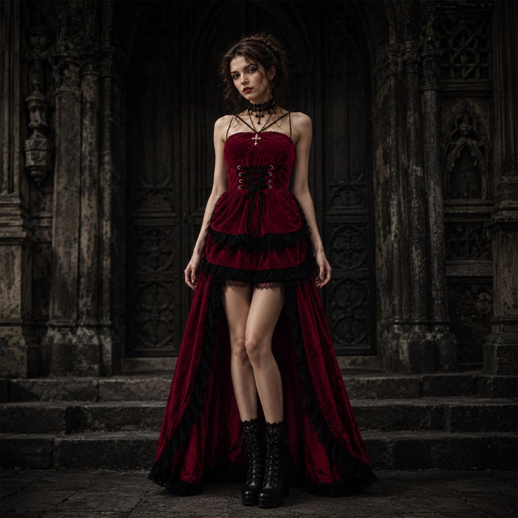 Robe gothique en velours et dentelle noire et rouge pour fête costumée d'Halloween
