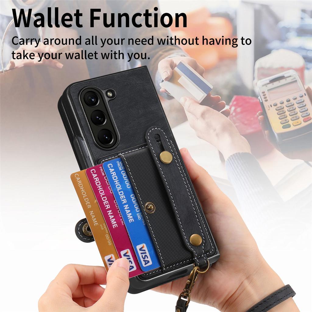 PU Leather Phone Case for Samsung Galaxy Z Fold 7 6 5 4 3 Zfold7 Zfold6 Card Storage Wallet Protective Cover with Lanyard XL003