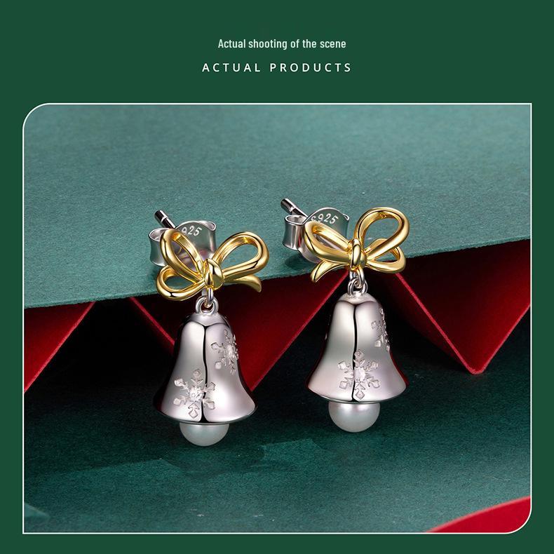 Yinziyun Christmas Snowflake Bell Earrings: S925 Sterling Silver Bow Studs