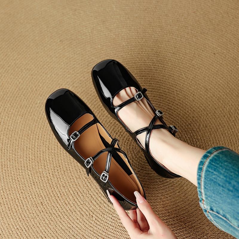 Fashion New Women's Genuine Leather, Sheepskin, Patent Leather, Crossed Loose Buckle with Low Heel Mary Jane Shoes, Single Shoe