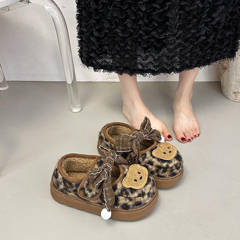 Leopard print broken diamond flat Mary Jane shoes cartoon platform fluffy shoes women's autumn and winter fashion versatile cotton shoes plush sing