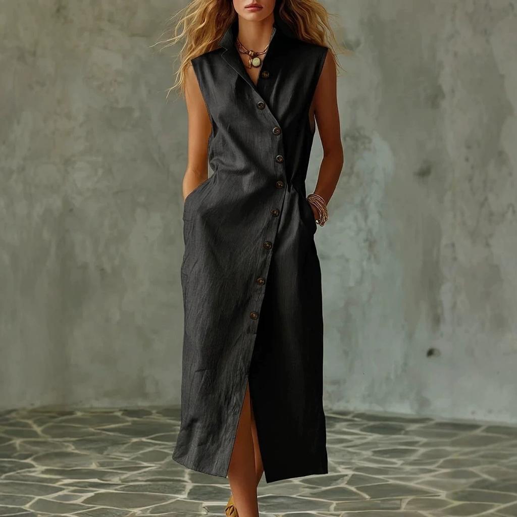 Simple style sleeveless dress, lapel diagonal breasted breathable loose long dress