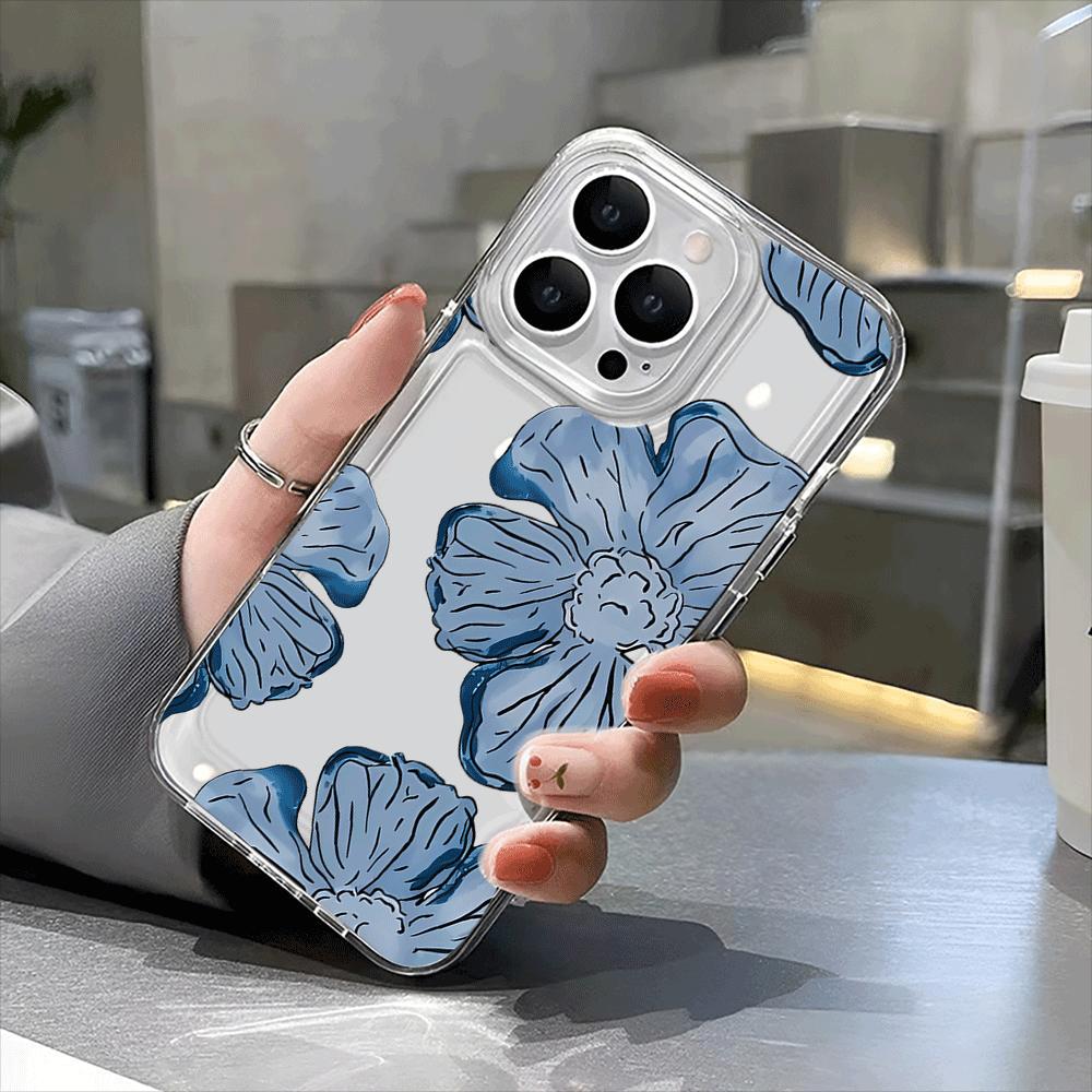 Transparent Large Hole Ink Flower Phone Case iPhone 15 Pro Max 11 12 13 16 14 Plus Silicone Shockproof Case Lens Protector Shell