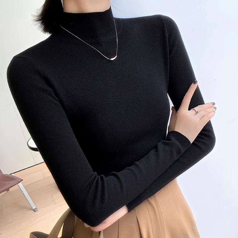 Autumn and Winter Semi High Neck Knitted Sweater Women Long Sleeve Solid Casual Base Sweaters Tops Office Lady Elegant Slim Fit Knitwear Jumper 25049