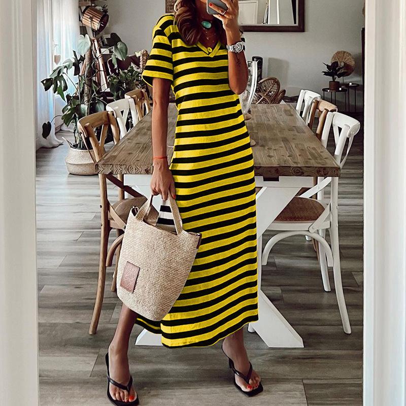 

Women s Short-sleeved V-neck Loose Striped Print Slit Long Dress XXXL жовтий