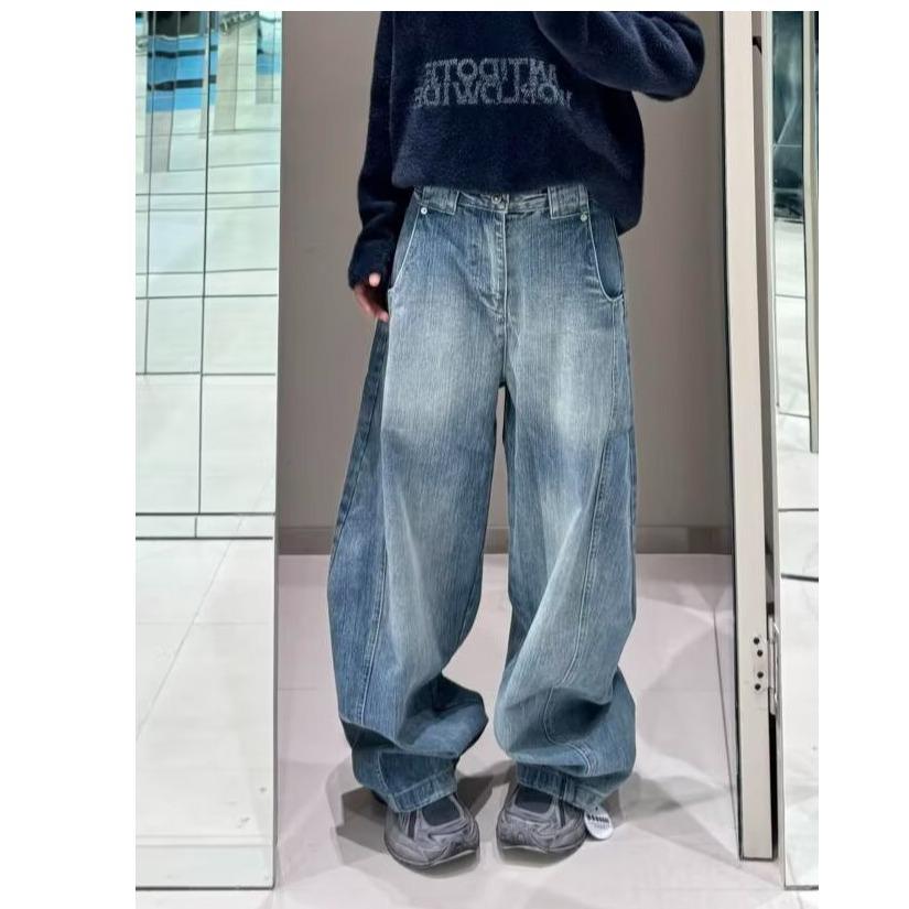 

Men s and Women s High Waist Loose Straight Leg Washed Blue Jeans - Trendy American Brand, Versatile Wide Leg Casual Style. M