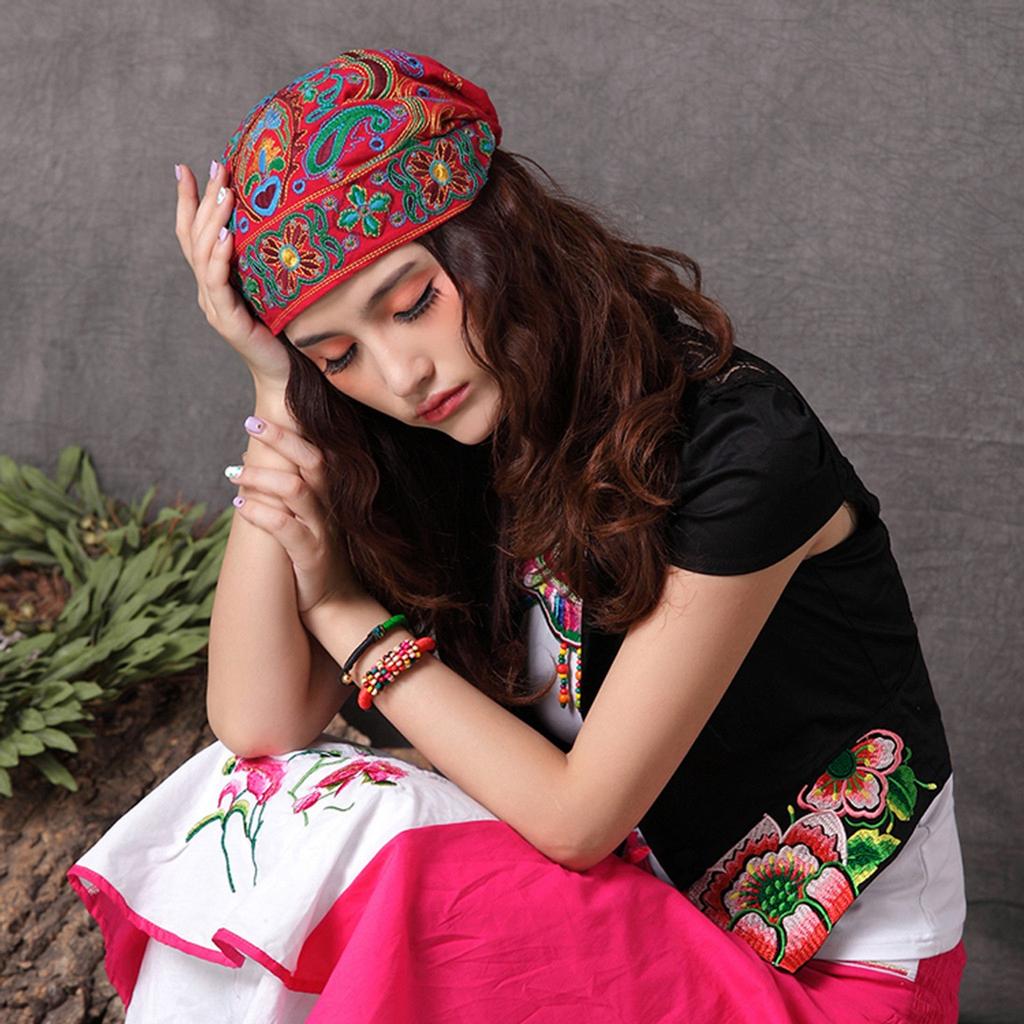 Women Mexican Style Ethnic Vintage Embroidery Flowers Bandanas Red Print Hat