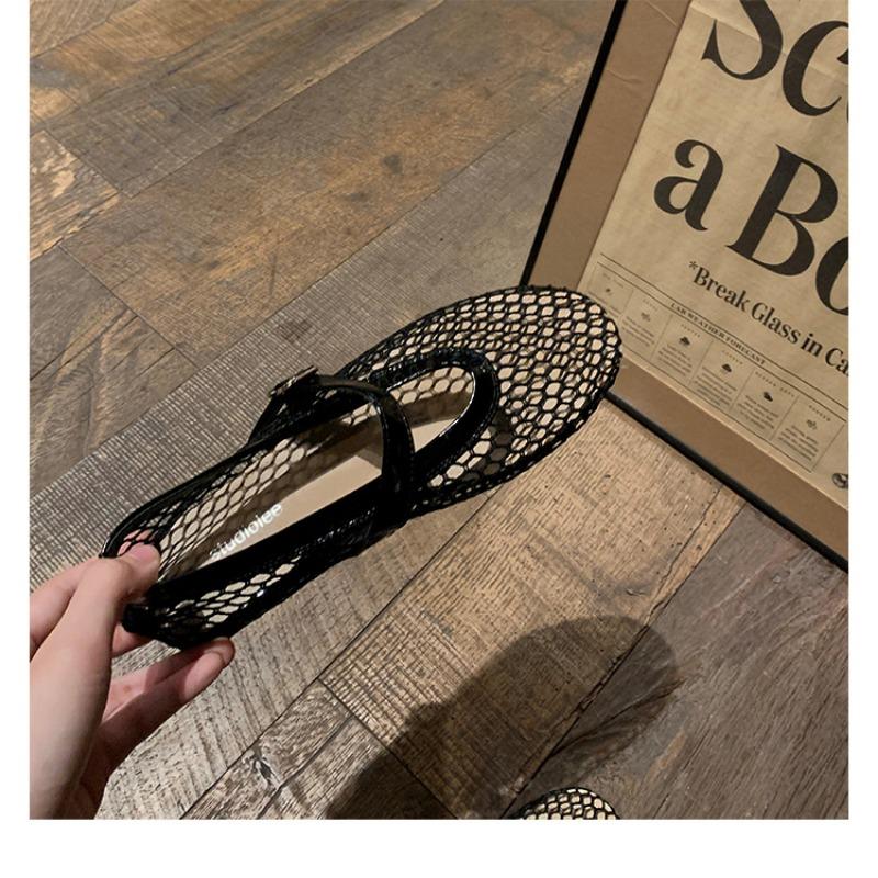 Sheepskin version hollow single shoes fishing net sandals women's summer wear versatile one-word belt Mary Jane shoes